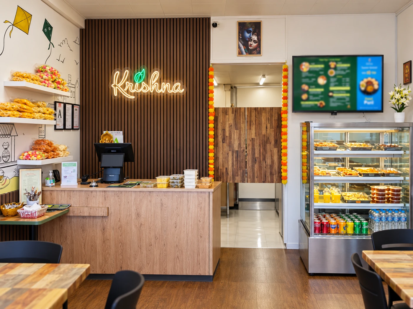 The welcoming front counter inside Krishna Foods
